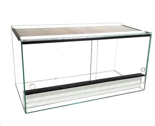 KONI fekvő terrárium 80x40x50 cm méretben, hüllők és talajlakó teknősök ideális lakhelye, 6 mm üveg, tolóajtókkal és szellőzőrácsokkal.